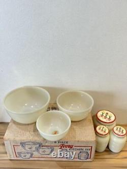 Ivory Mix Fire King Set with Box White Salt and Pepper Shakers Jars Mixing bowls