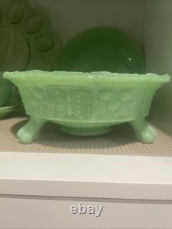 Jadeite Green Milk GlassThree Footed Bowl with Butterflies and Berries Pattern