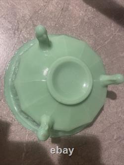 Jadeite Green Milk GlassThree Footed Bowl with Butterflies and Berries Pattern