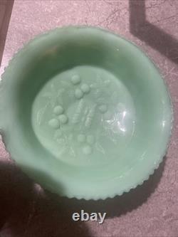 Jadeite Green Milk GlassThree Footed Bowl with Butterflies and Berries Pattern