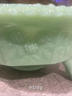 Jadeite Green Milk GlassThree Footed Bowl with Butterflies and Berries Pattern