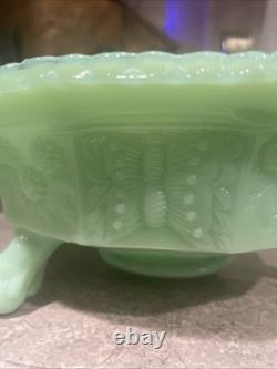 Jadeite Green Milk GlassThree Footed Bowl with Butterflies and Berries Pattern
