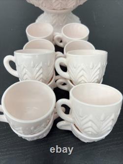 Jeanette Feather Pattern Shell Pink Milk Glass Punch Set Bowl Base & 12 Cups