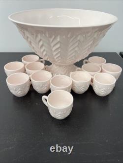 Jeanette Feather Pattern Shell Pink Milk Glass Punch Set Bowl Base & 12 Cups