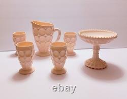 Jeanette Shell Pink Milk Glass Pitcher, 4 Glasses, & Compote