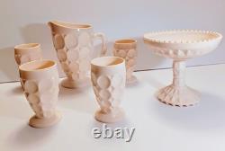 Jeanette Shell Pink Milk Glass Pitcher, 4 Glasses, & Compote Jeanette Shell Pink Milk Glass Pitcher, 4 Glasses, & Compote