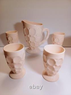 Jeanette Shell Pink Milk Glass Pitcher, 4 Glasses, & Compote