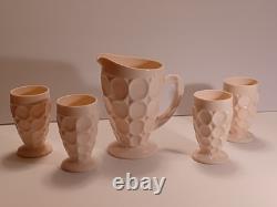 Jeanette Shell Pink Milk Glass Pitcher, 4 Glasses, & Compote
