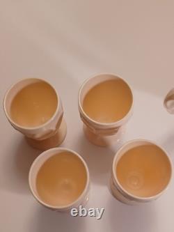 Jeanette Shell Pink Milk Glass Pitcher, 4 Glasses, & Compote