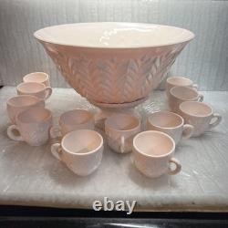 Jeannette Feather Shell Pink Milk Glass Punch Bowl Set 12 cups Vtg 1950's