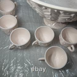 Jeannette Feather Shell Pink Milk Glass Punch Bowl Set 12 cups Vtg 1950's
