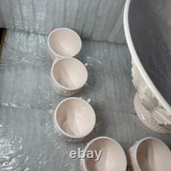 Jeannette Feather Shell Pink Milk Glass Punch Bowl Set 12 cups Vtg 1950's