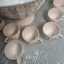 Jeannette Feather Shell Pink Milk Glass Punch Bowl Set 12 cups Vtg 1950's
