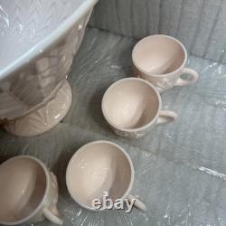Jeannette Feather Shell Pink Milk Glass Punch Bowl Set 12 cups Vtg 1950's