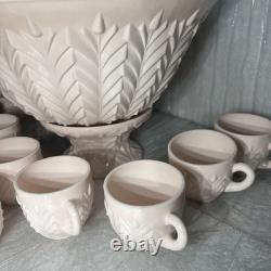 Jeannette Feather Shell Pink Milk Glass Punch Bowl Set 12 cups Vtg 1950's