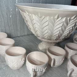 Jeannette Feather Shell Pink Milk Glass Punch Bowl Set 12 cups Vtg 1950's