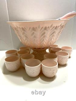 Jeannette Shell Pink Milk Glass Punch Bowl Set with Base and 12 cups Vtg 1950's