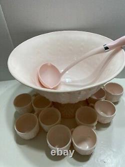 Jeannette Shell Pink Milk Glass Punch Bowl Set with Base and 12 cups Vtg 1950's