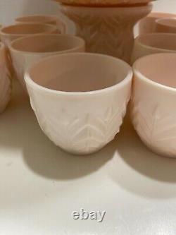 Jeannette Shell Pink Milk Glass Punch Bowl Set with Base and 12 cups Vtg 1950's