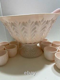 Jeannette Shell Pink Milk Glass Punch Bowl Set with Base and 12 cups Vtg 1950's