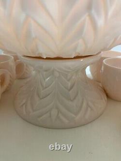 Jeannette Shell Pink Milk Glass Punch Bowl Set with Base and 12 cups Vtg 1950's