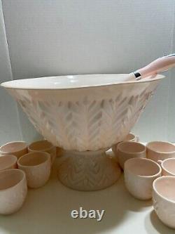 Jeannette Shell Pink Milk Glass Punch Bowl Set with Base and 12 cups Vtg 1950's