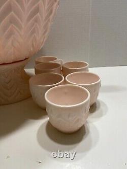 Jeannette Shell Pink Milk Glass Punch Bowl Set with Base and 12 cups Vtg 1950's