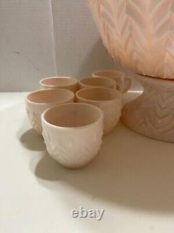 Jeannette Shell Pink Milk Glass Punch Bowl Set with Base and 12 cups Vtg 1950's