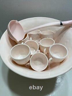 Jeannette Shell Pink Milk Glass Punch Bowl Set with Base and 12 cups Vtg 1950's