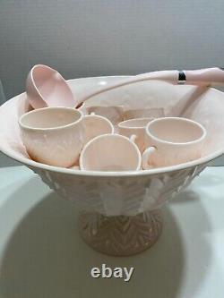 Jeannette Shell Pink Milk Glass Punch Bowl Set with Base and 12 cups Vtg 1950's