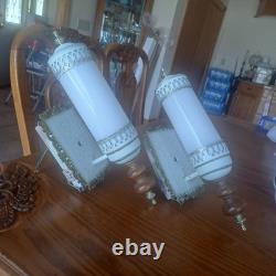 John Virden Company 2 White Tole & Milk Glass Cylinders Electric Wall Sconces