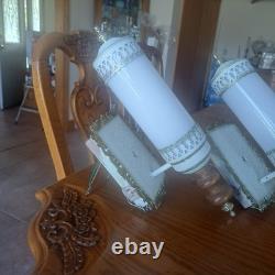 John Virden Company 2 White Tole & Milk Glass Cylinders Electric Wall Sconces