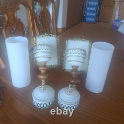 John Virden Company 2 White Tole & Milk Glass Cylinders Electric Wall Sconces