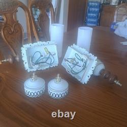 John Virden Company 2 White Tole & Milk Glass Cylinders Electric Wall Sconces