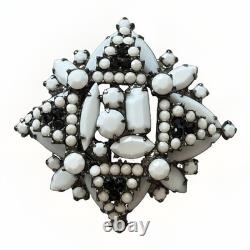 Juliana Delizza Elster Brooch White Milk Glass Black Rhinestones Japanned Metal