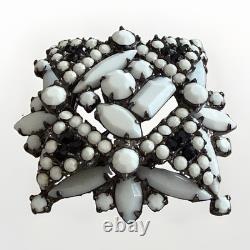 Juliana Delizza Elster Brooch White Milk Glass Black Rhinestones Japanned Metal