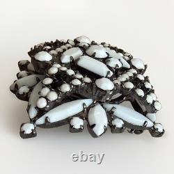 Juliana Delizza Elster Brooch White Milk Glass Black Rhinestones Japanned Metal