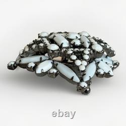 Juliana Delizza Elster Brooch White Milk Glass Black Rhinestones Japanned Metal
