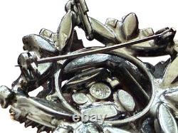 Juliana Delizza Elster Brooch White Milk Glass Black Rhinestones Japanned Metal