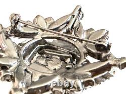 Juliana Delizza Elster Brooch White Milk Glass Black Rhinestones Japanned Metal