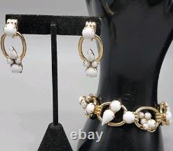 Juliana White Milk Glass Bracelet & Screw Back Earrings Rhinestone 6.75 Vintage