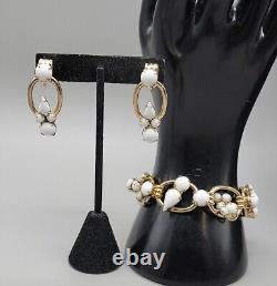 Juliana White Milk Glass Bracelet & Screw Back Earrings Rhinestone 6.75 Vintage