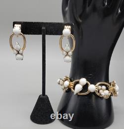 Juliana White Milk Glass Bracelet & Screw Back Earrings Rhinestone 6.75 Vintage