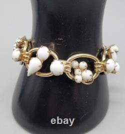 Juliana White Milk Glass Bracelet & Screw Back Earrings Rhinestone 6.75 Vintage