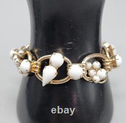Juliana White Milk Glass Bracelet & Screw Back Earrings Rhinestone 6.75 Vintage