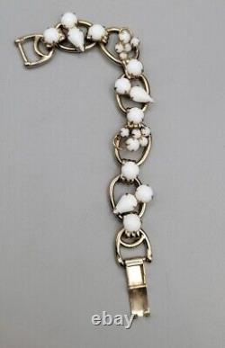 Juliana White Milk Glass Bracelet & Screw Back Earrings Rhinestone 6.75 Vintage
