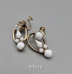 Juliana White Milk Glass Bracelet & Screw Back Earrings Rhinestone 6.75 Vintage