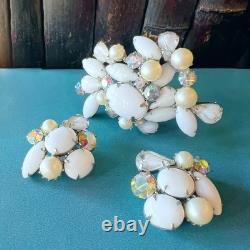 KRAMER NY Rhodium White Milk Glass Givre Pearl AB Rhinestone Brooch Earrings Set