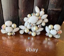 KRAMER NY Rhodium White Milk Glass Givre Pearl AB Rhinestone Brooch Earrings Set