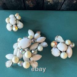 KRAMER NY Rhodium White Milk Glass Givre Pearl AB Rhinestone Brooch Earrings Set